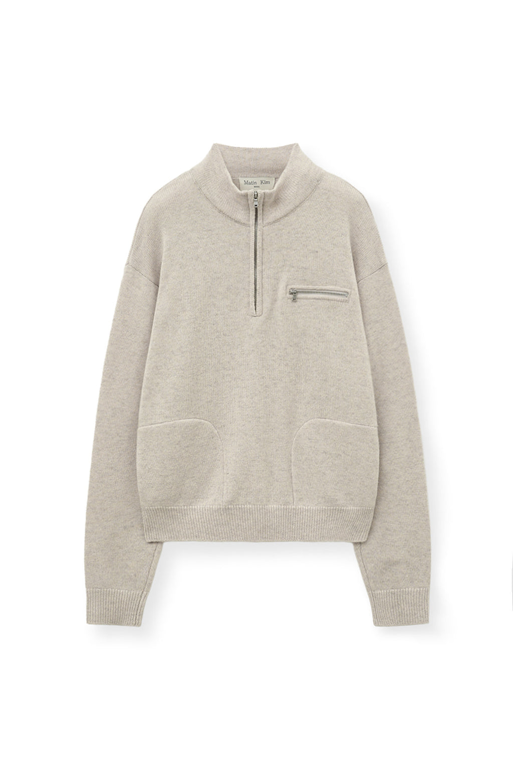 [matinkim] BACK LOGO HALF KNIT ZIP UP PULLOVER FOR WOMEN IN LIGHT BEIGE