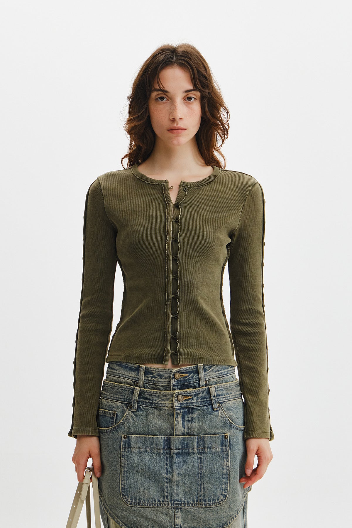 Matinkim Washed Rib Button Detail Top IN Khaki
