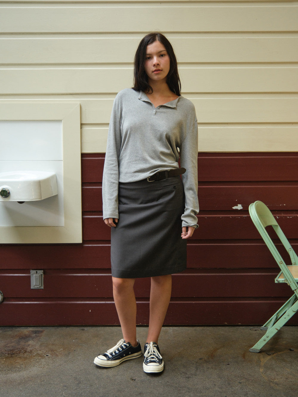 Low Classic Relaxed Henley Tee Melange Grey