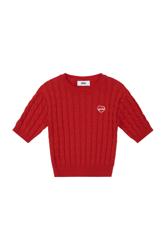 HEART CABLE CROPPED KNIT TOP-RED