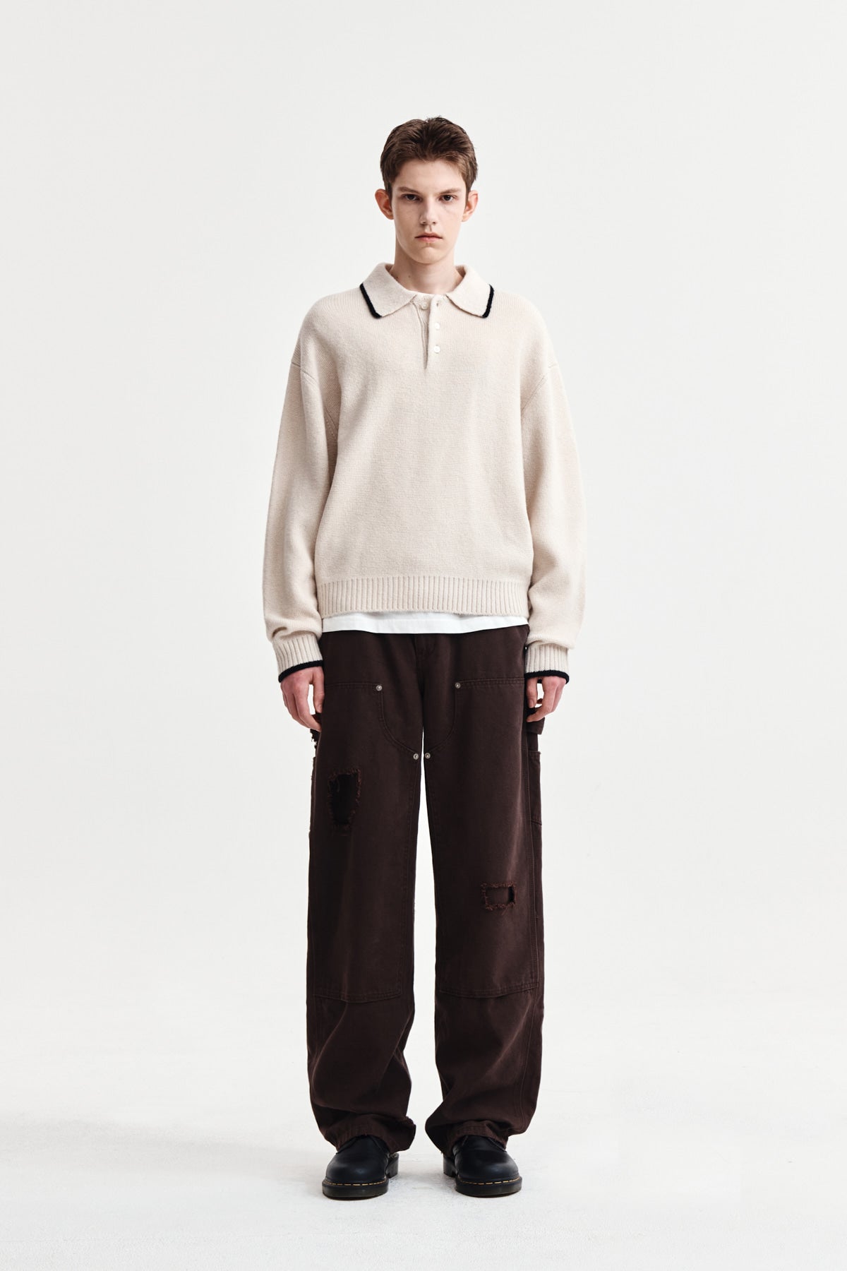 [matinkim] DISTRESSED DOUBLE KNEE WORK PANTS FOR MEN IN BROWN