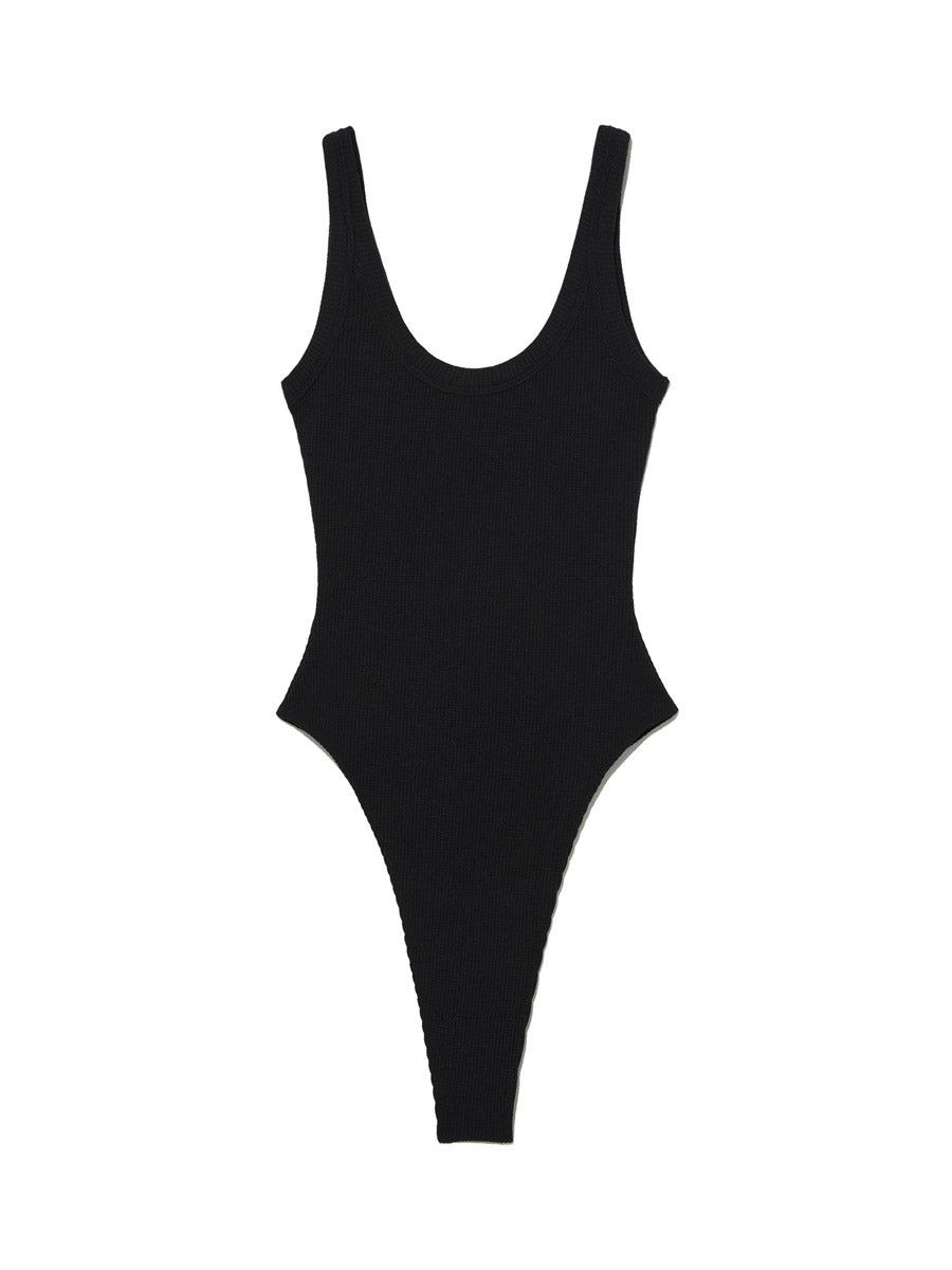 GLOWNY G Scoop Neck Waffle Bodysuit (Black)