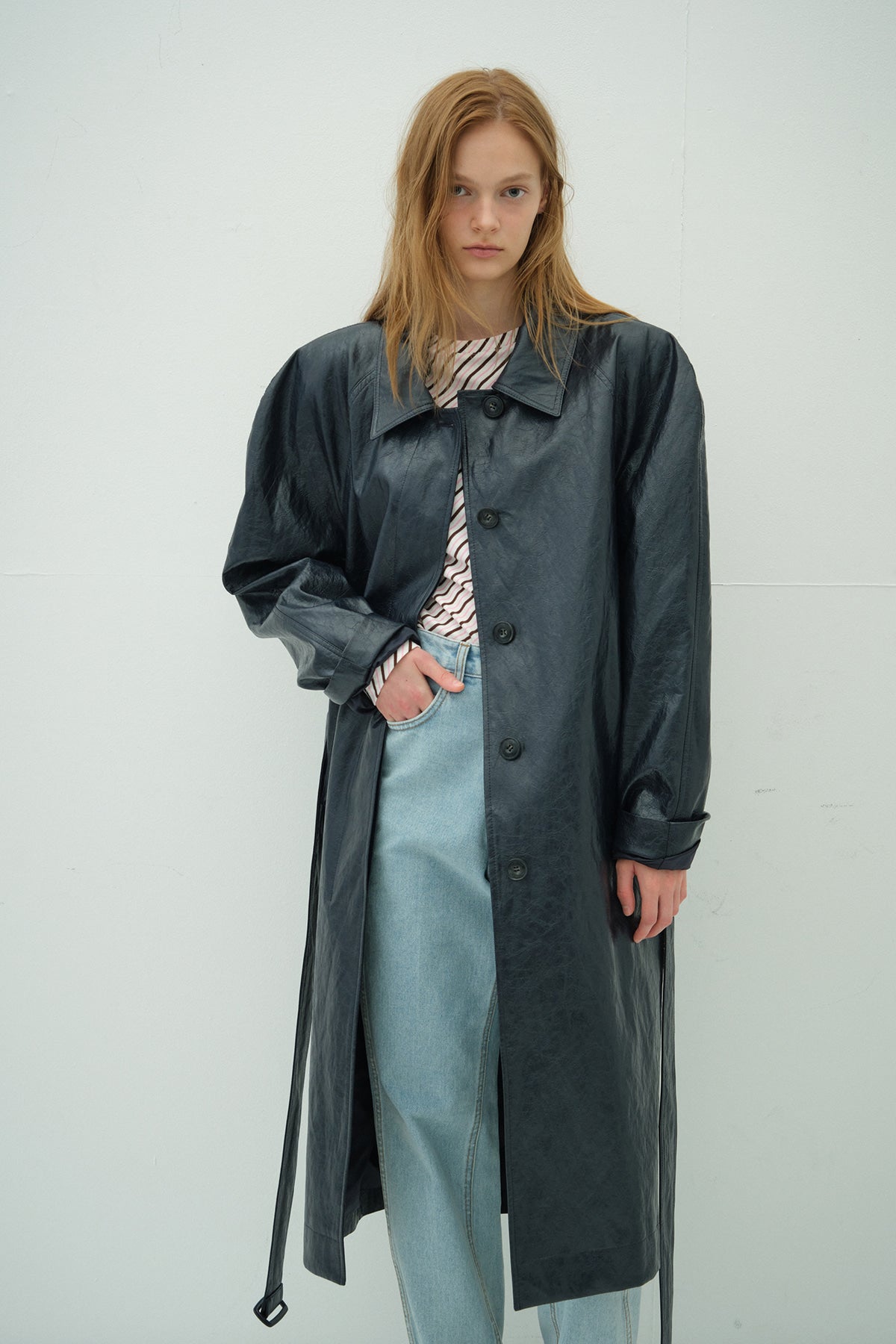 Overdueflair Leather Long Trench Coat Navy