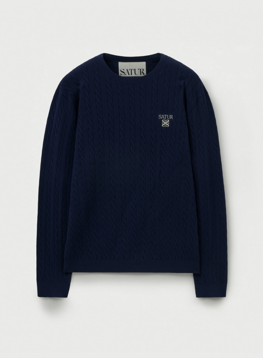 [satur] Plain Cable Crew Neck Knit - Navy