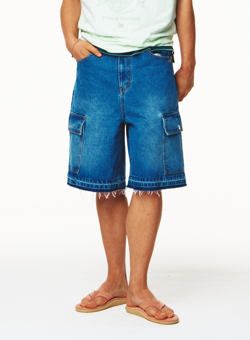 [satur] Cargo Bermuda Denim Shorts - Blue
