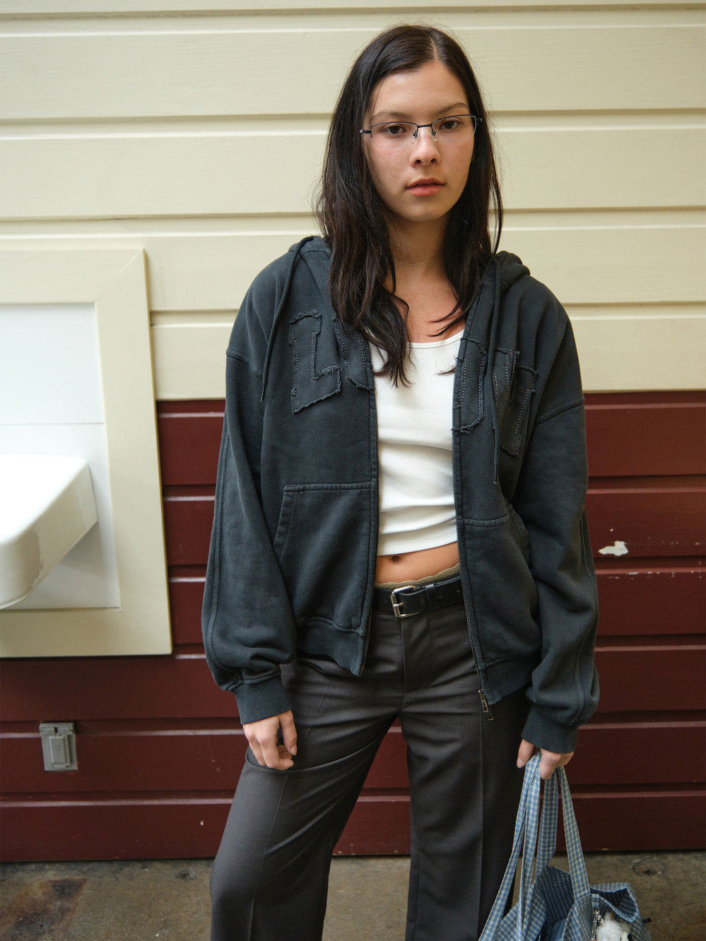 Low Classic Low Washed Zip-Up Hoodie Charcoal