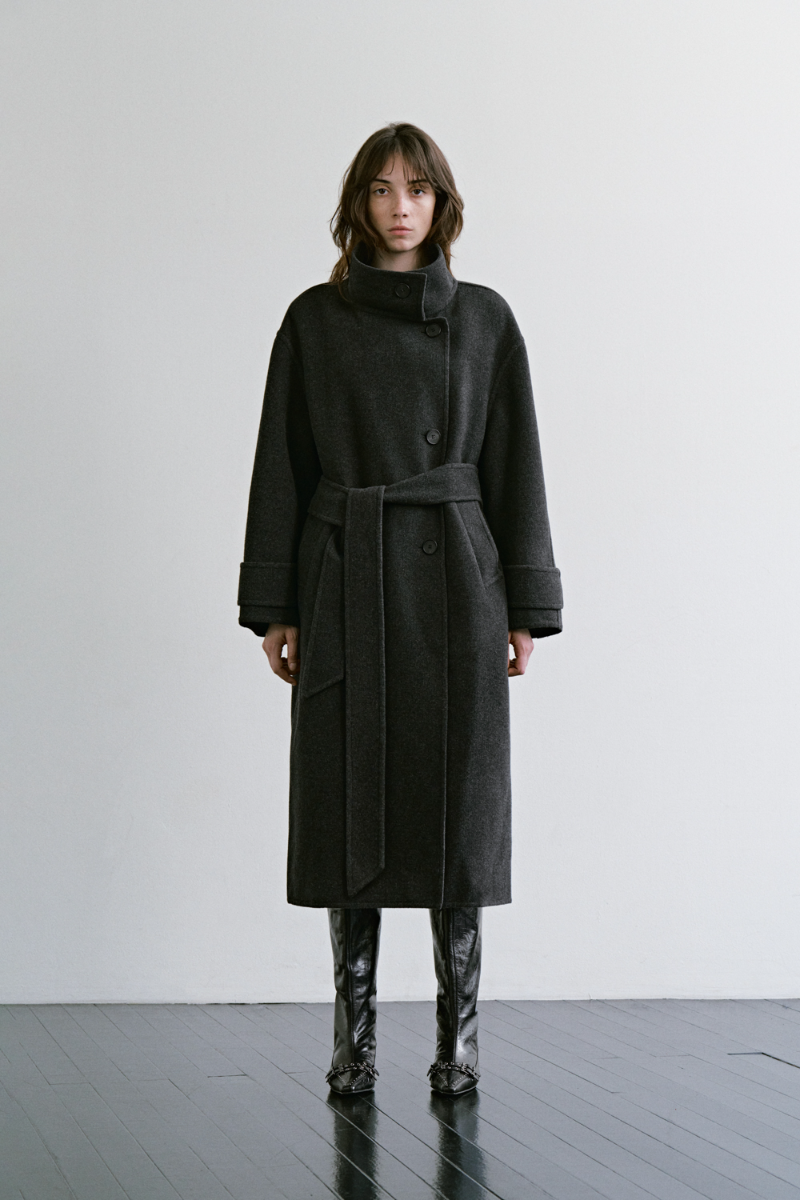 Treemingbird High-Neck belted Handmade Coat Charcoal