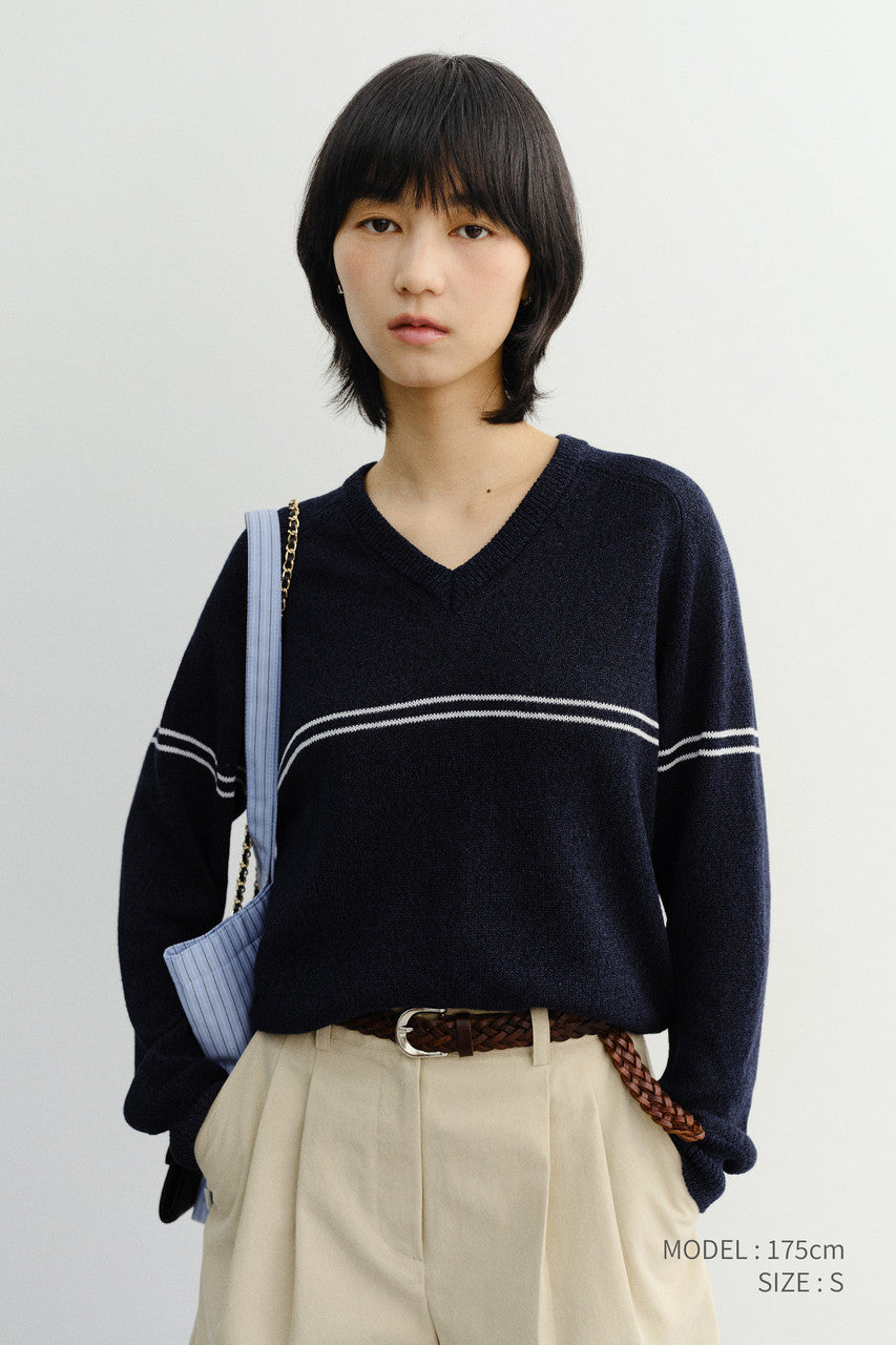 Dunst Unisex V-Neck Striped Sweater Navy