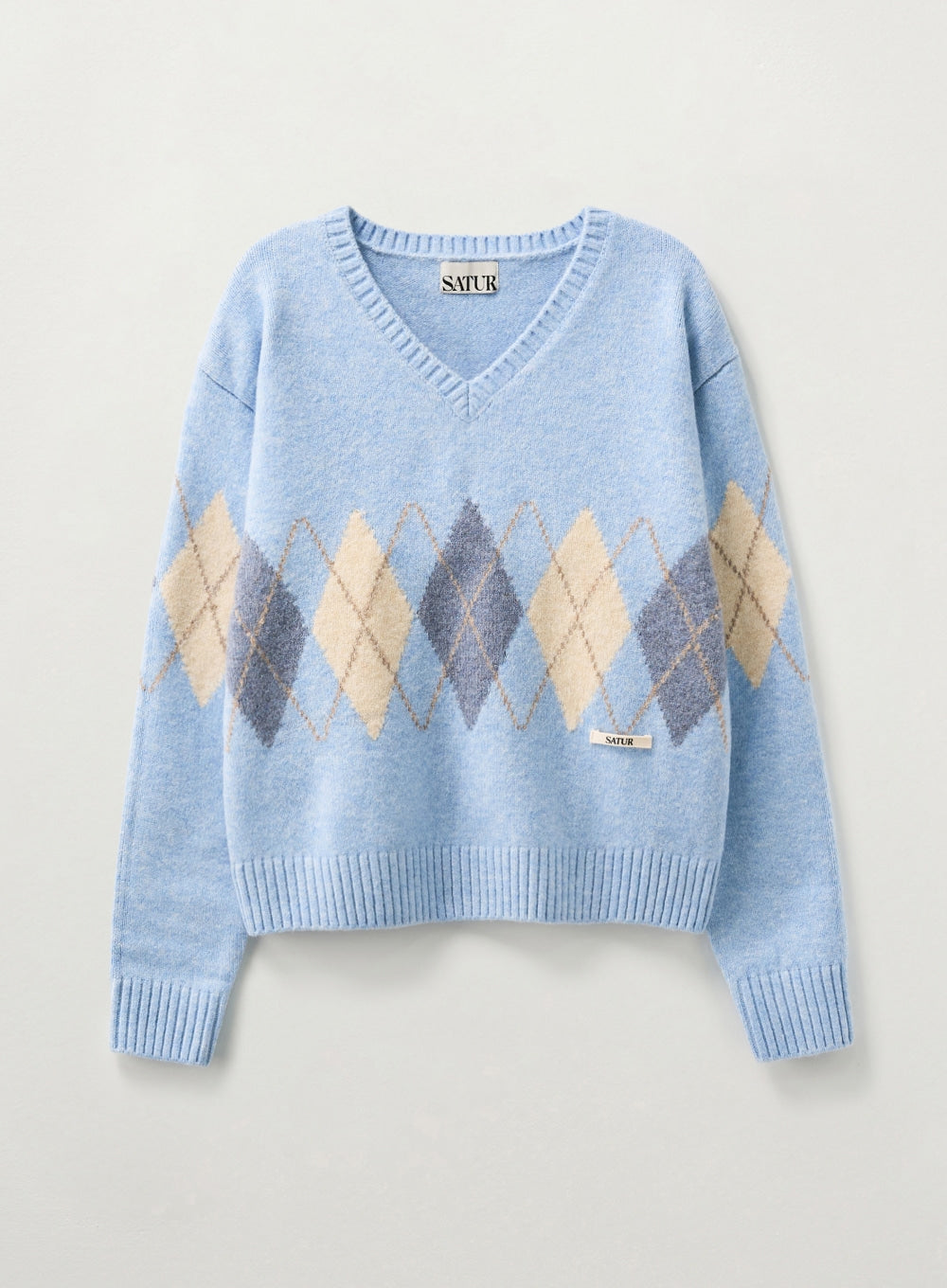 [satur] (W) Argyle V-Neck Pullover Knit - Sky Blue