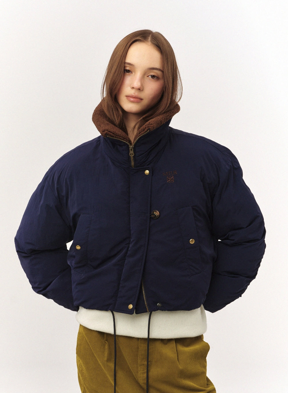 Satur (W) Wide Collar Crop Padding Jacket - Navy