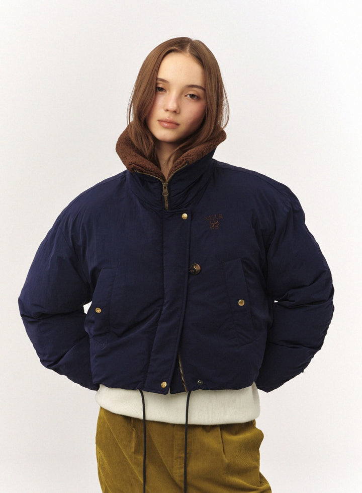 Satur (W) Wide Collar Crop Padding Jacket - Navy