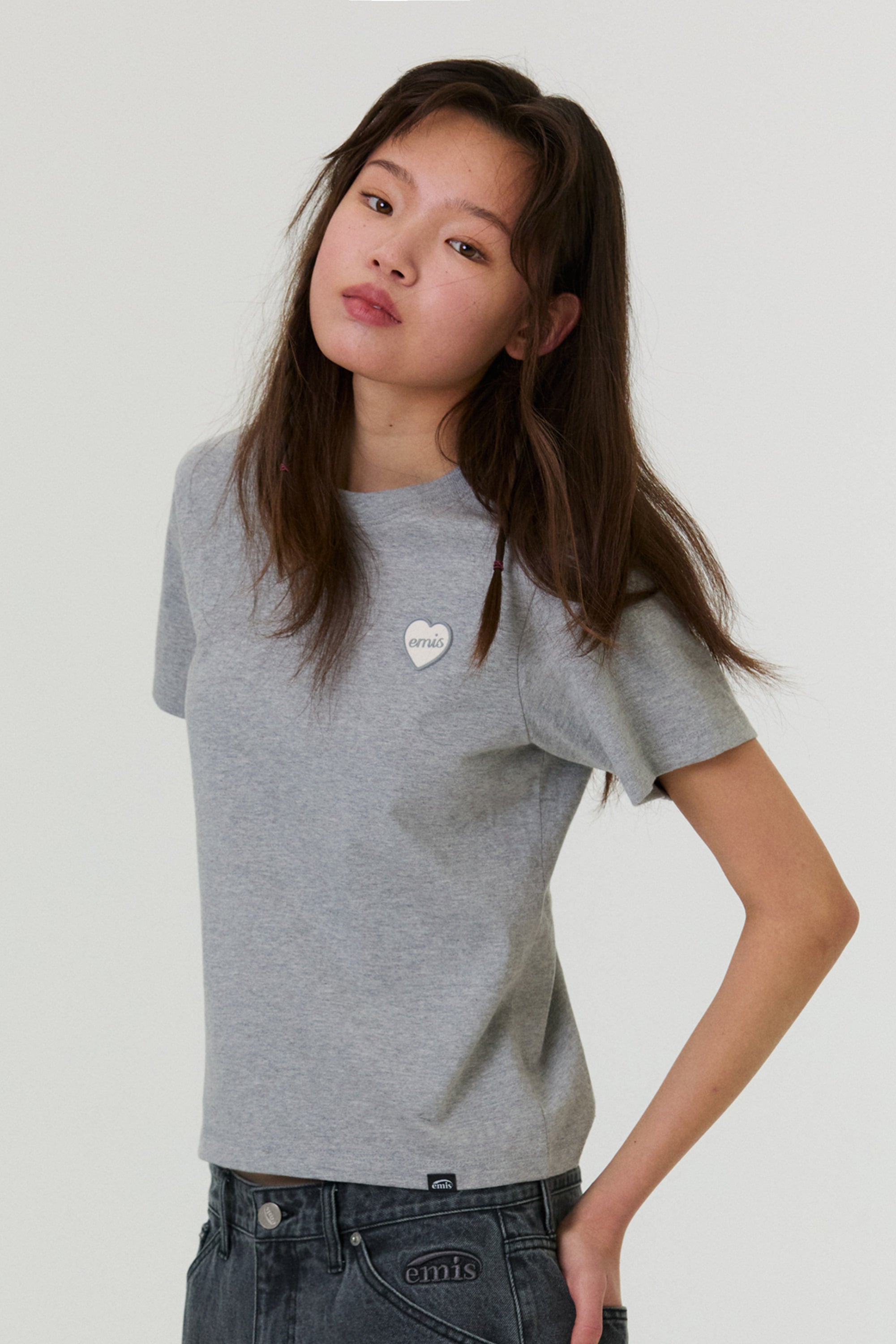 Emis Heart Rubber Patch T-Shirt-Melange Gray