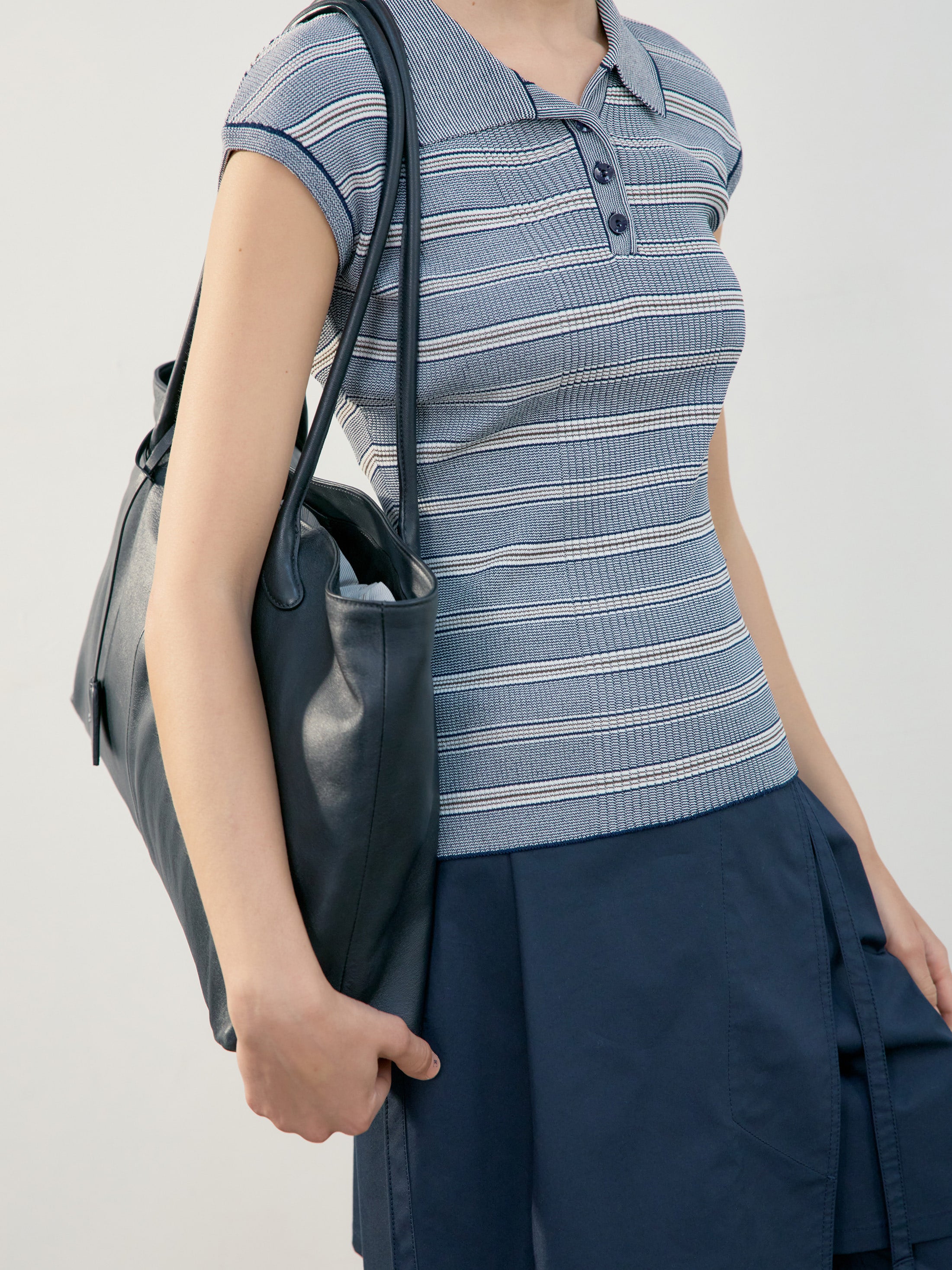 Low Classic Stripe Pique Cap Sleeve Knit Top Navy