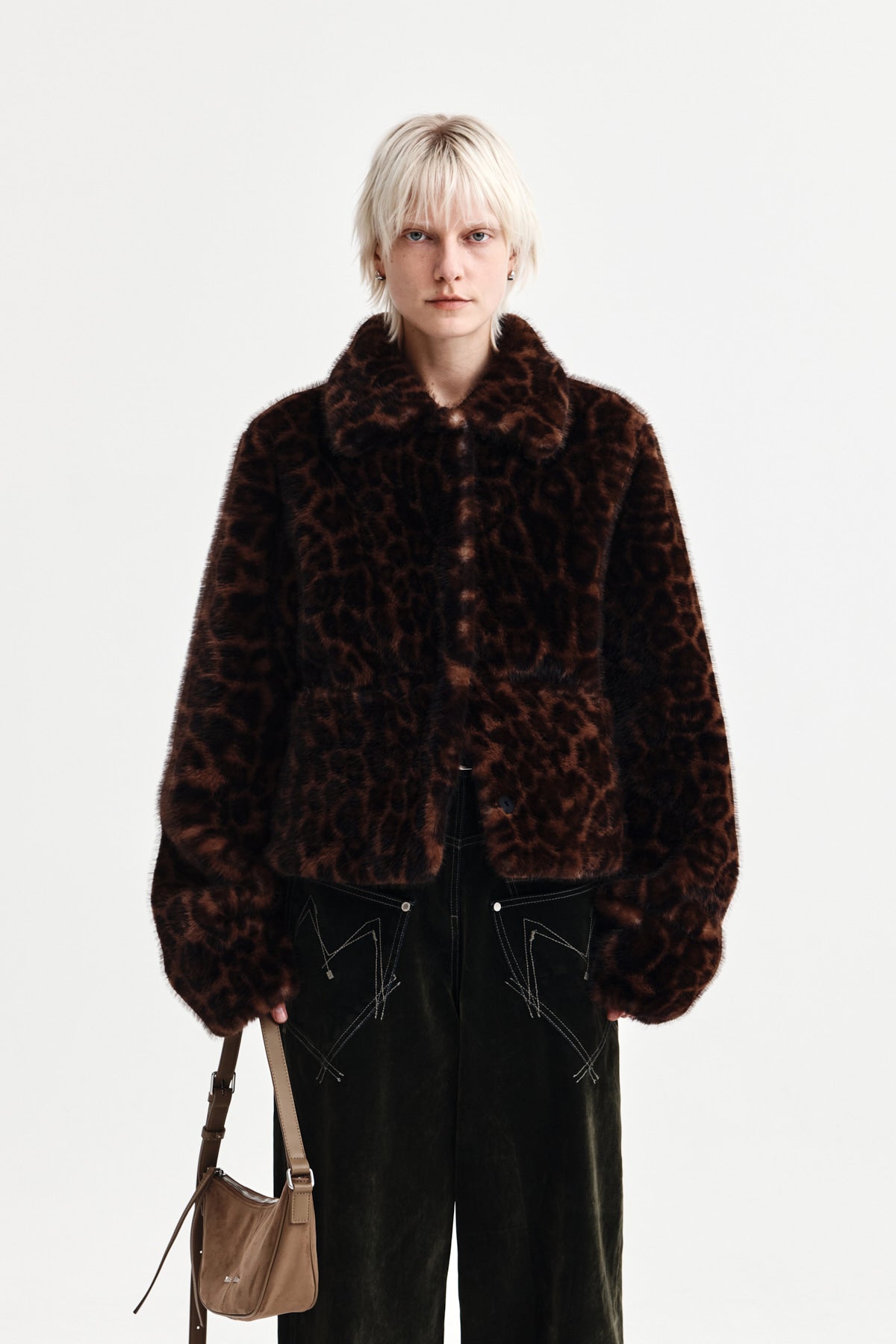 [matinkim] LEOPARD FUR CROP JACKET IN BROWN
