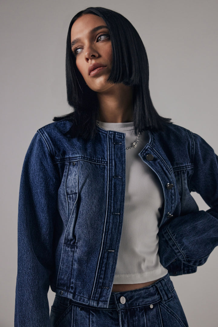 Treemingbird Twisted Non-collar Denim Set-up Jacket Blue