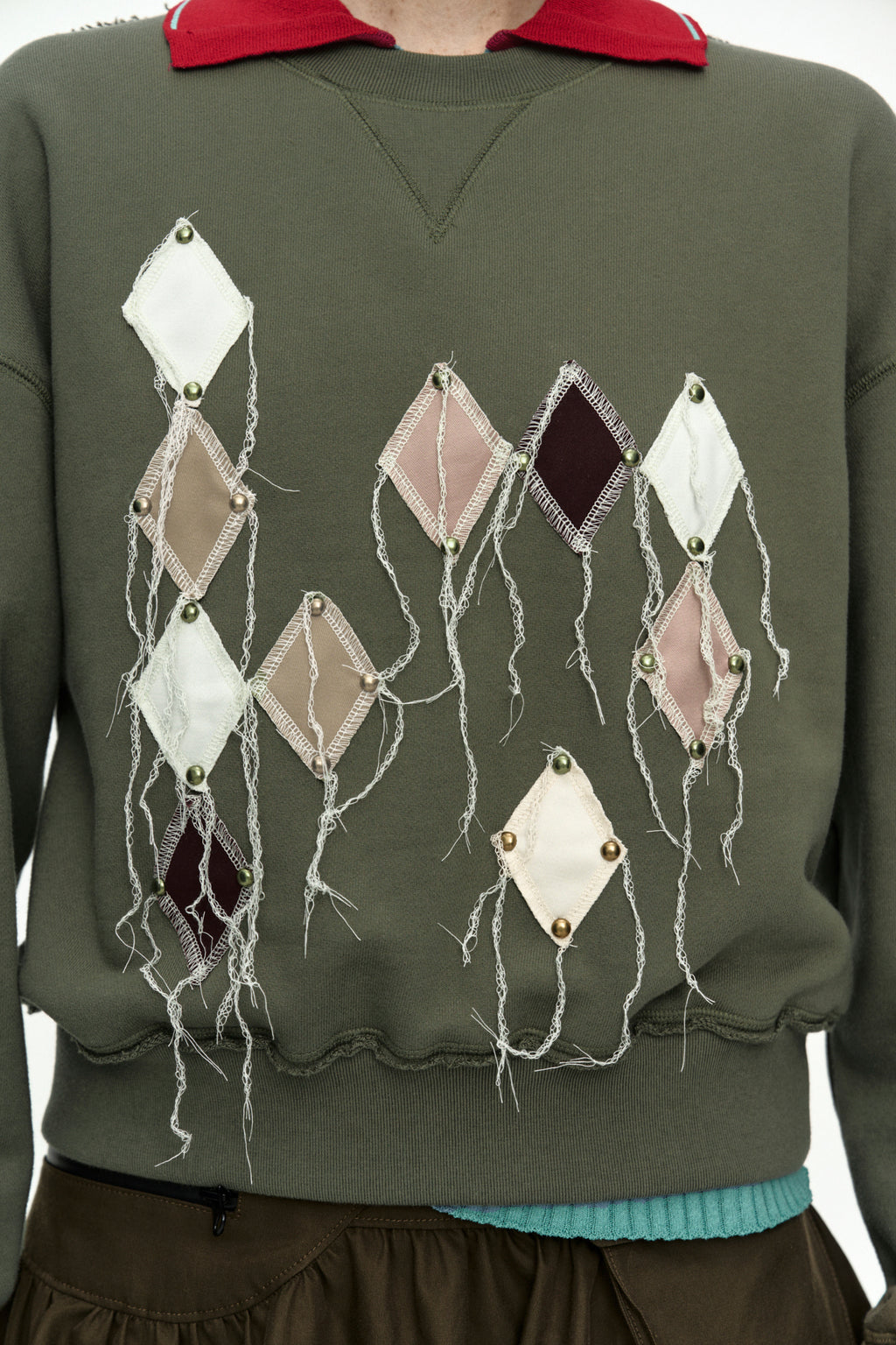 Andersson Bell (Essential) Studded Argyle Patchwork Sweatshirt Olive)