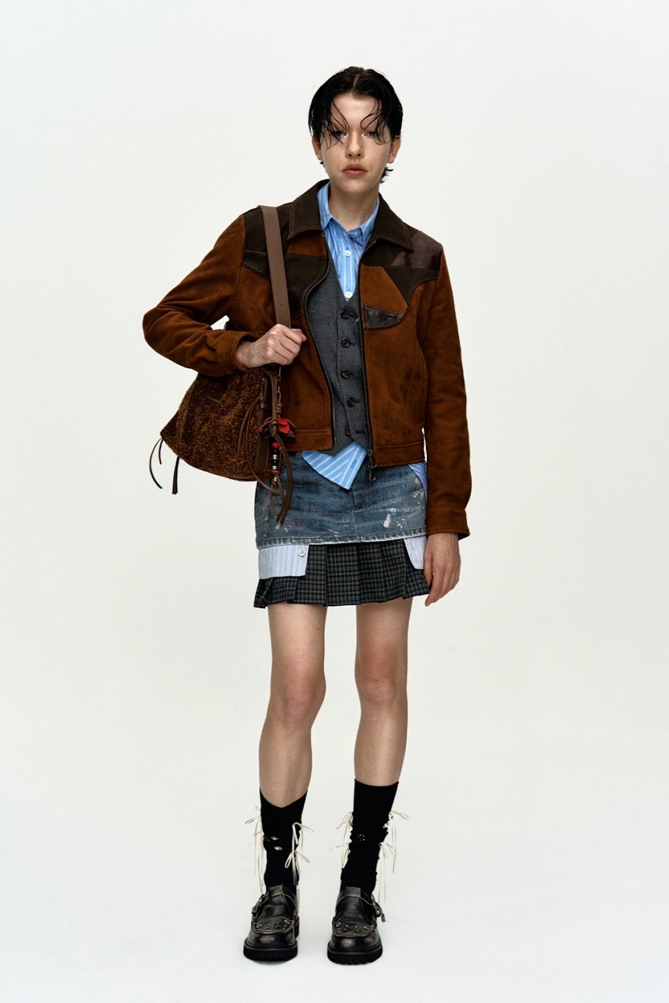 Andersson Bell Painted Denim Layered Mini Pleats Skirt