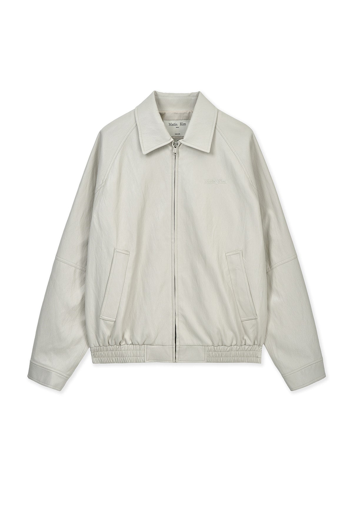 [matinkim] SMALL LOGO FAUX LEATHER ZIP UP JUMPER IN LIGHT GREY