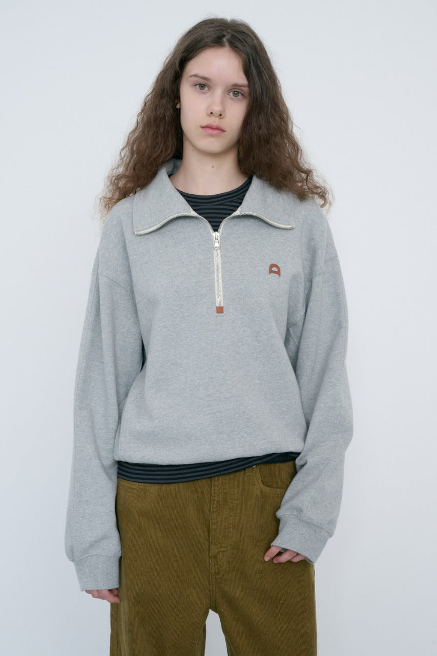 Dunst Unisex Leather Logo Half Zip-Up Sweatshirt Melange Grey