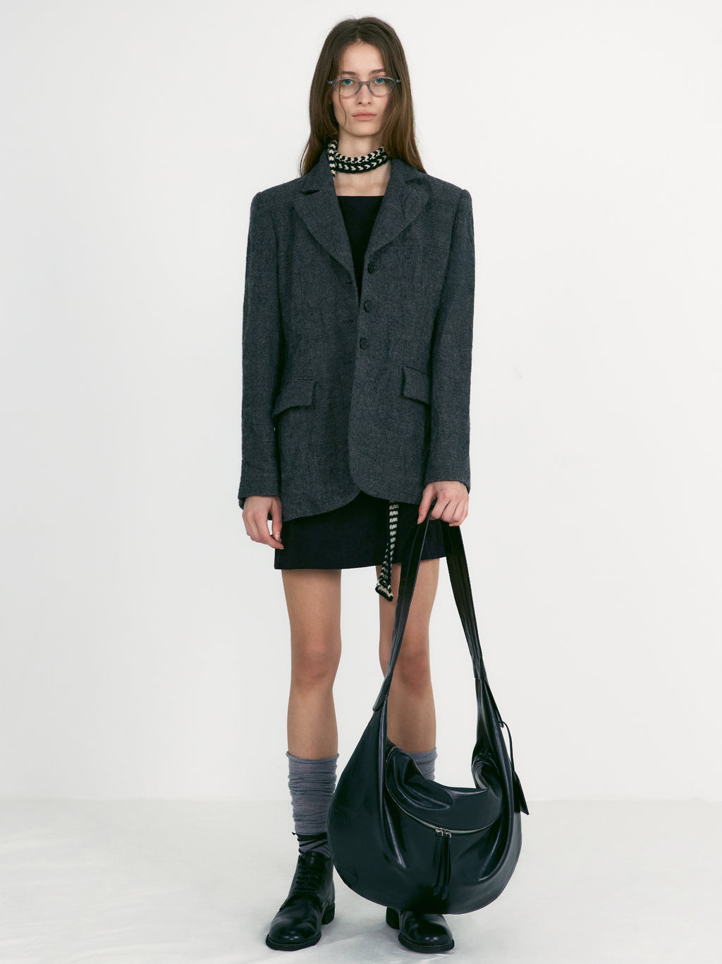 [low_classic] Crumpled Slim Wool Blazer
Tweed Check Grey