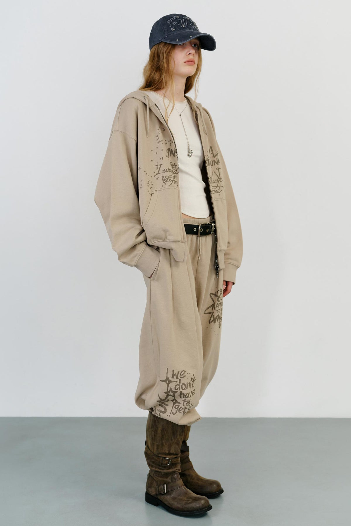 Instantfunk Washed Graphic Zip Up Hoodie - Beige