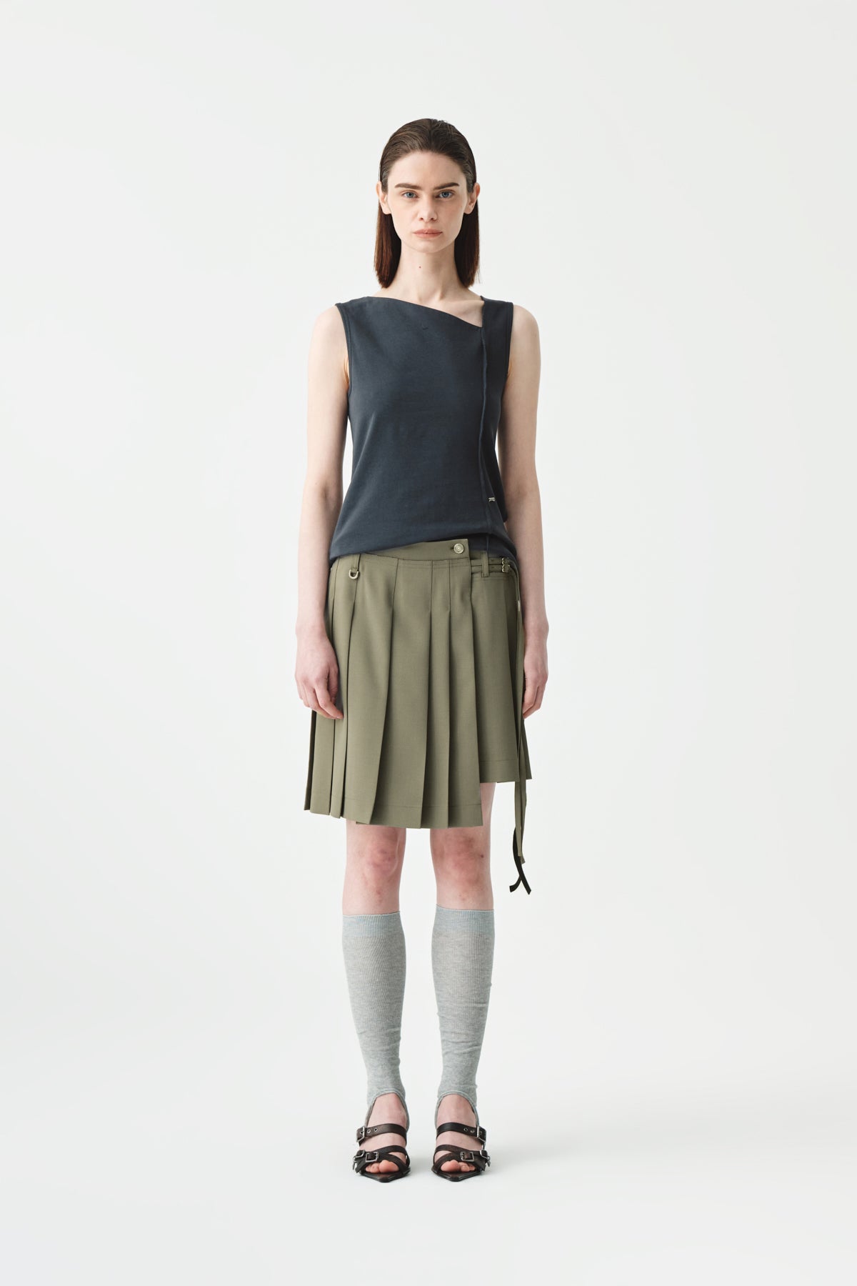 Matinkim Unbalance Pleats Belted Mini Skirt IN Khaki