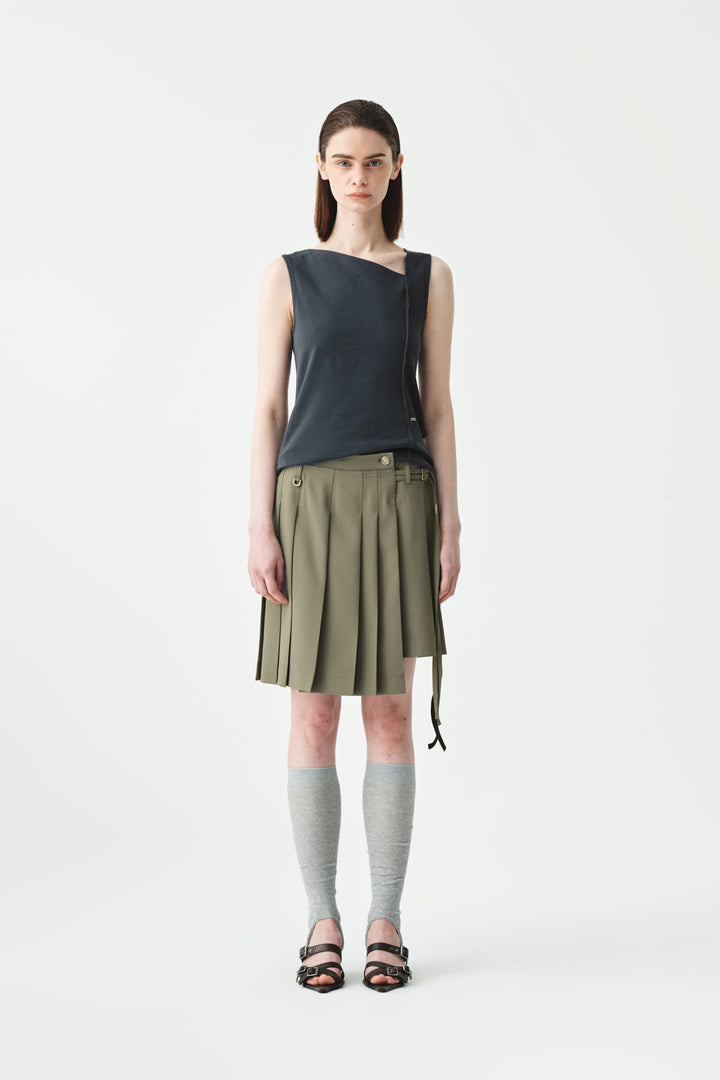 Matinkim Unbalance Pleats Belted Mini Skirt IN Khaki
