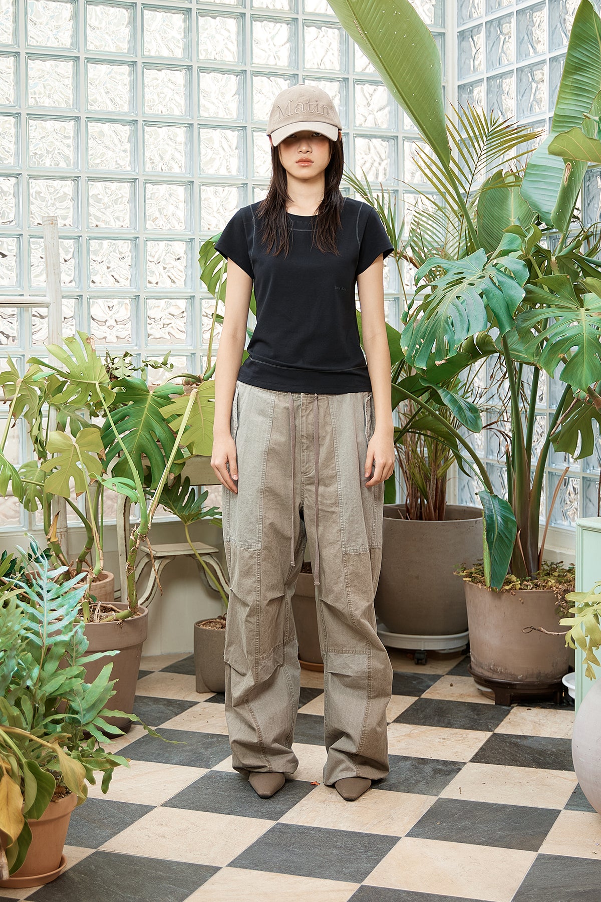 [matinkim] PATCH POINT WASHED COTTON PANTS IN BROWN