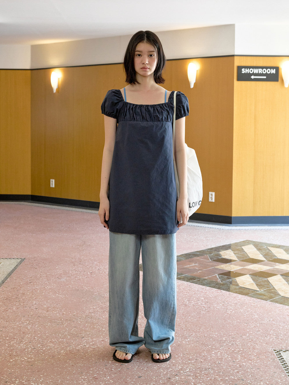 Low Classic Shirring Cotton Dress Navy