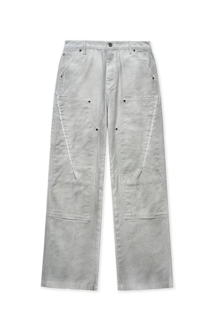 Matinkim Vintage Washed Double Knee Denim Pants For Men IN White