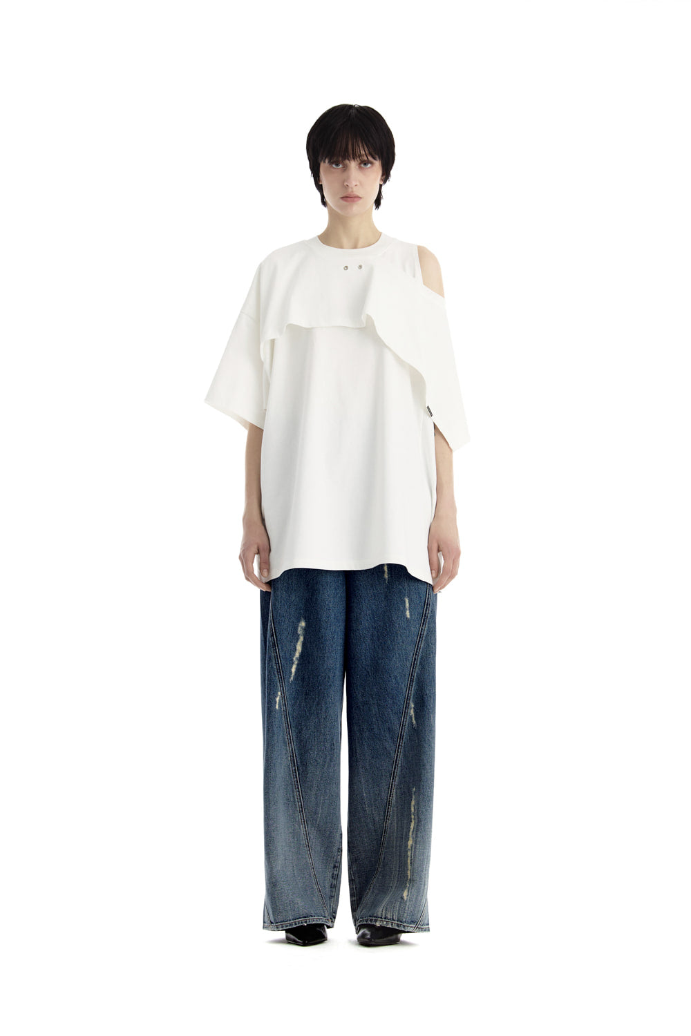 Treemingbird One-Sleeve Overlay Oversized T-Shirt White