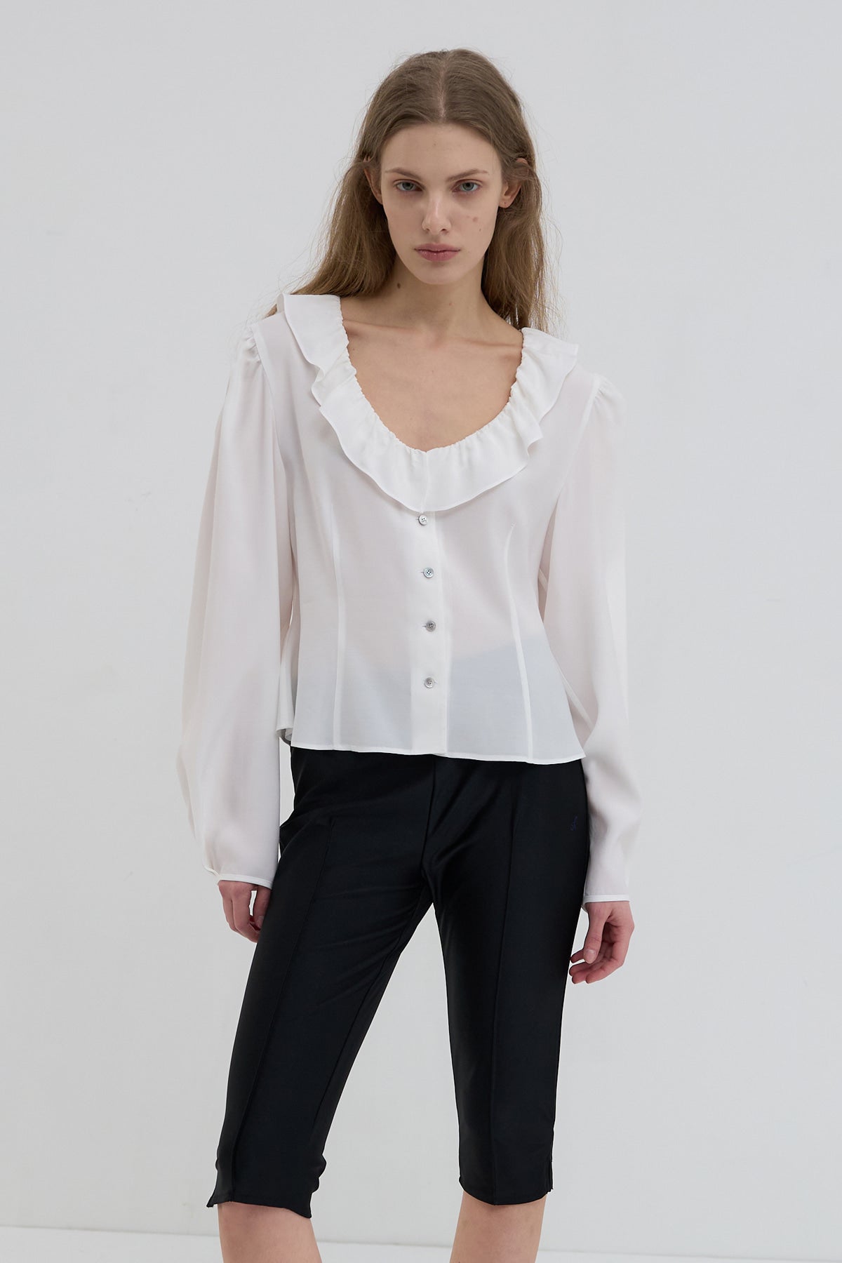 Overdueflair Ruffle Scoop Neck Blouse Ivory