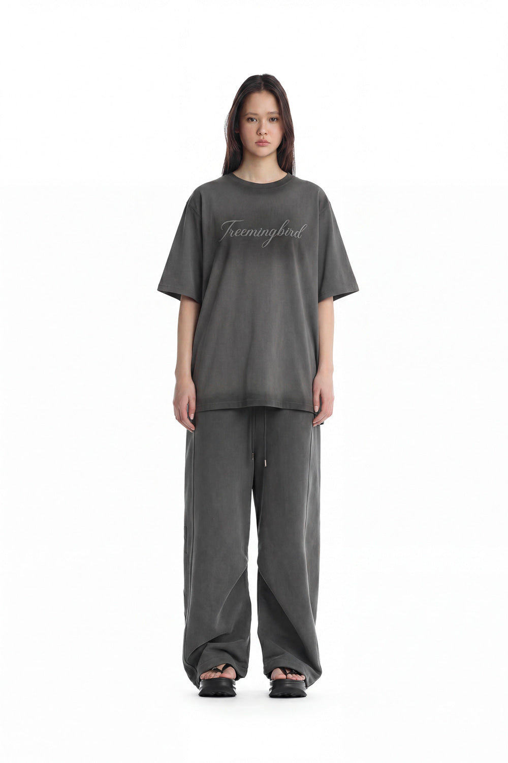 Treemingbird Vintage Brushed Script Logo T-Shirt Charcoal