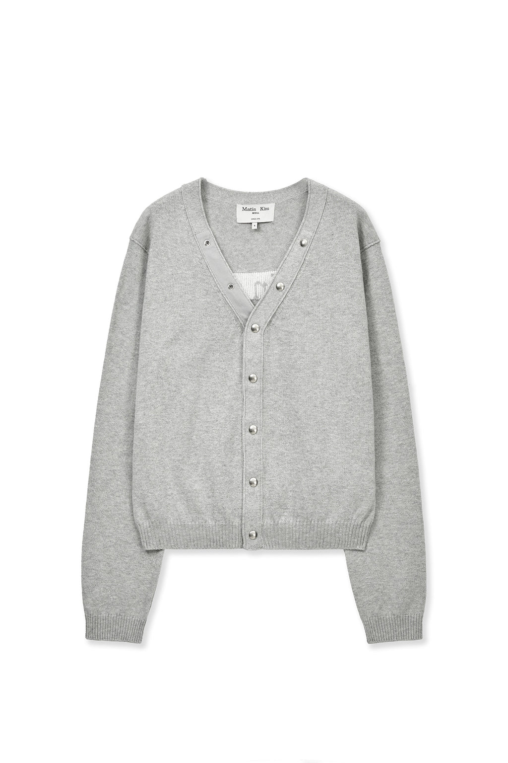 [matinkim] BACK LOGO SNAP BUTTON CARDIGAN IN GREY