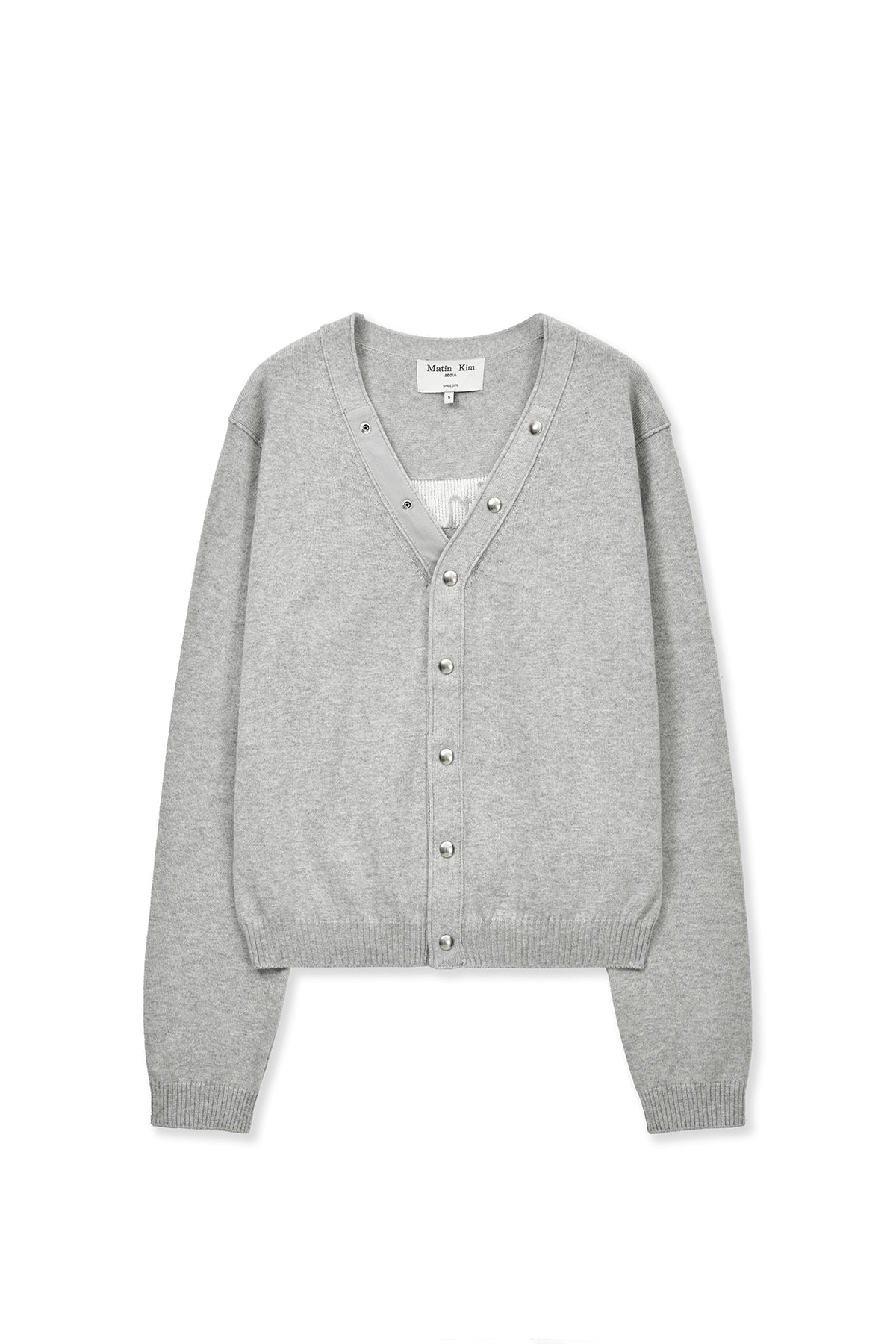 [matinkim] BACK LOGO SNAP BUTTON CARDIGAN IN GREY