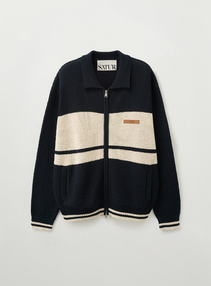 Satur Color Block Knit Zip-up - Navy