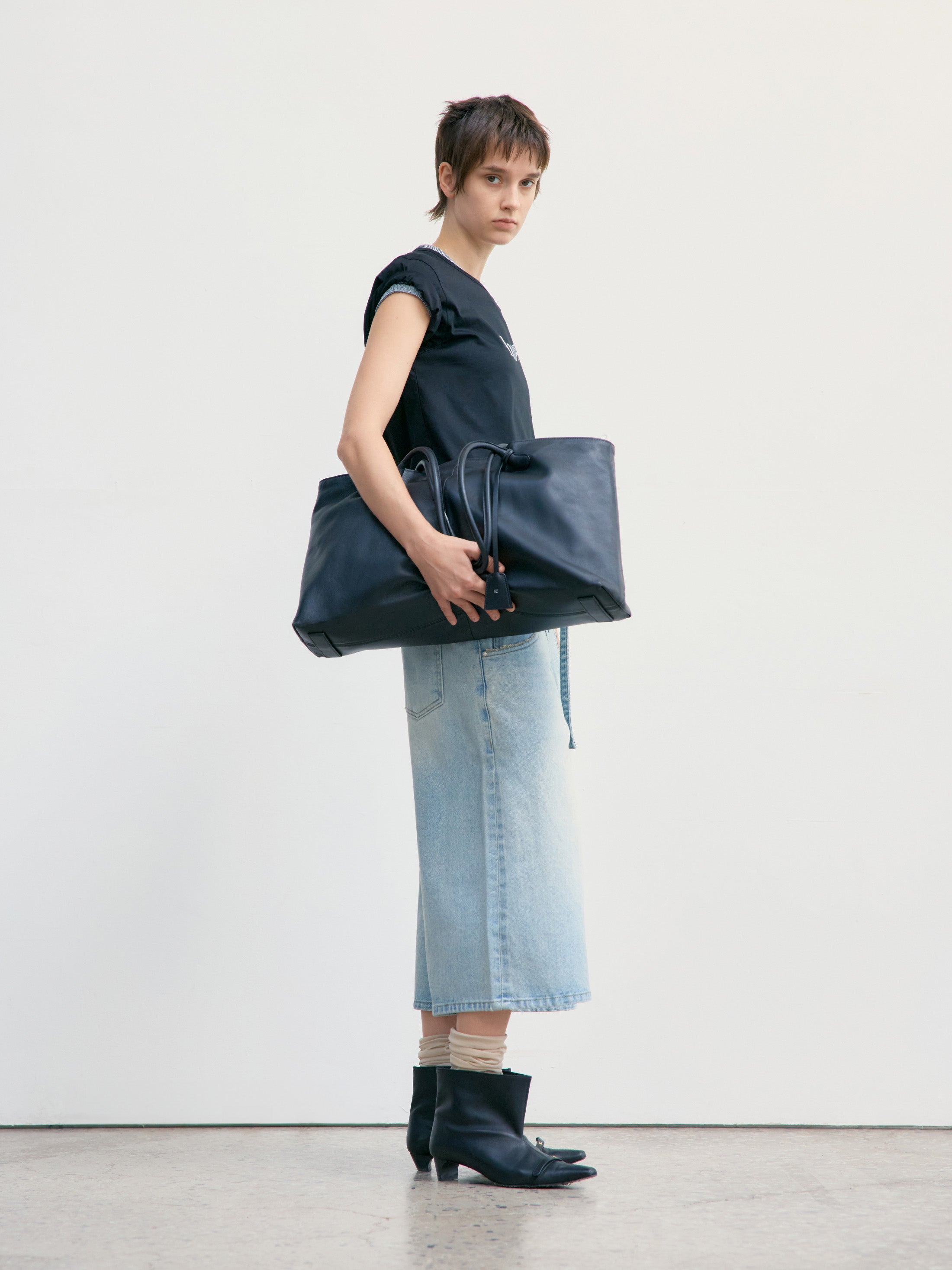 Low Classic Belted Denim Bermuda Pants in blue, showcasing authentic Korean designer fashion.