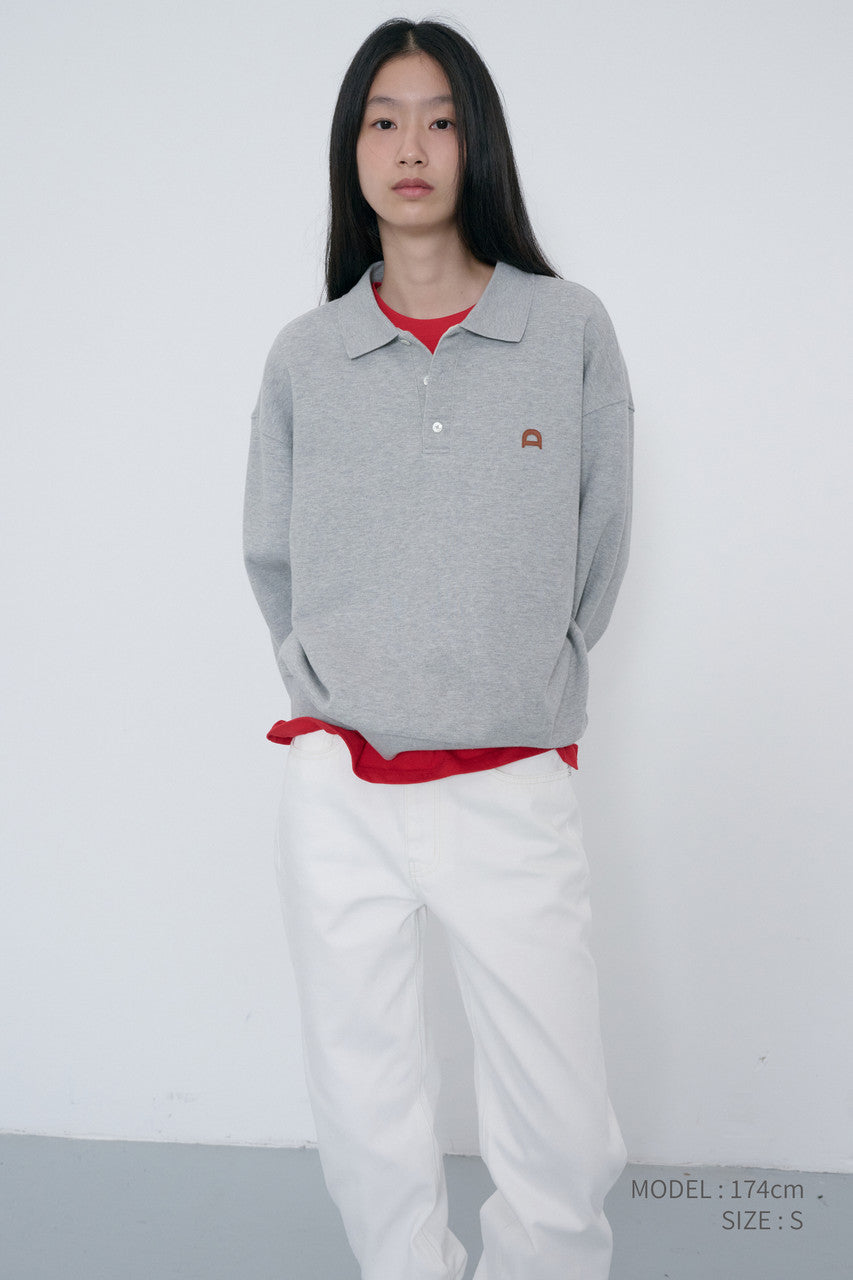 Dunst Unisex Leather Logo Collared T-Shirt Melange Grey