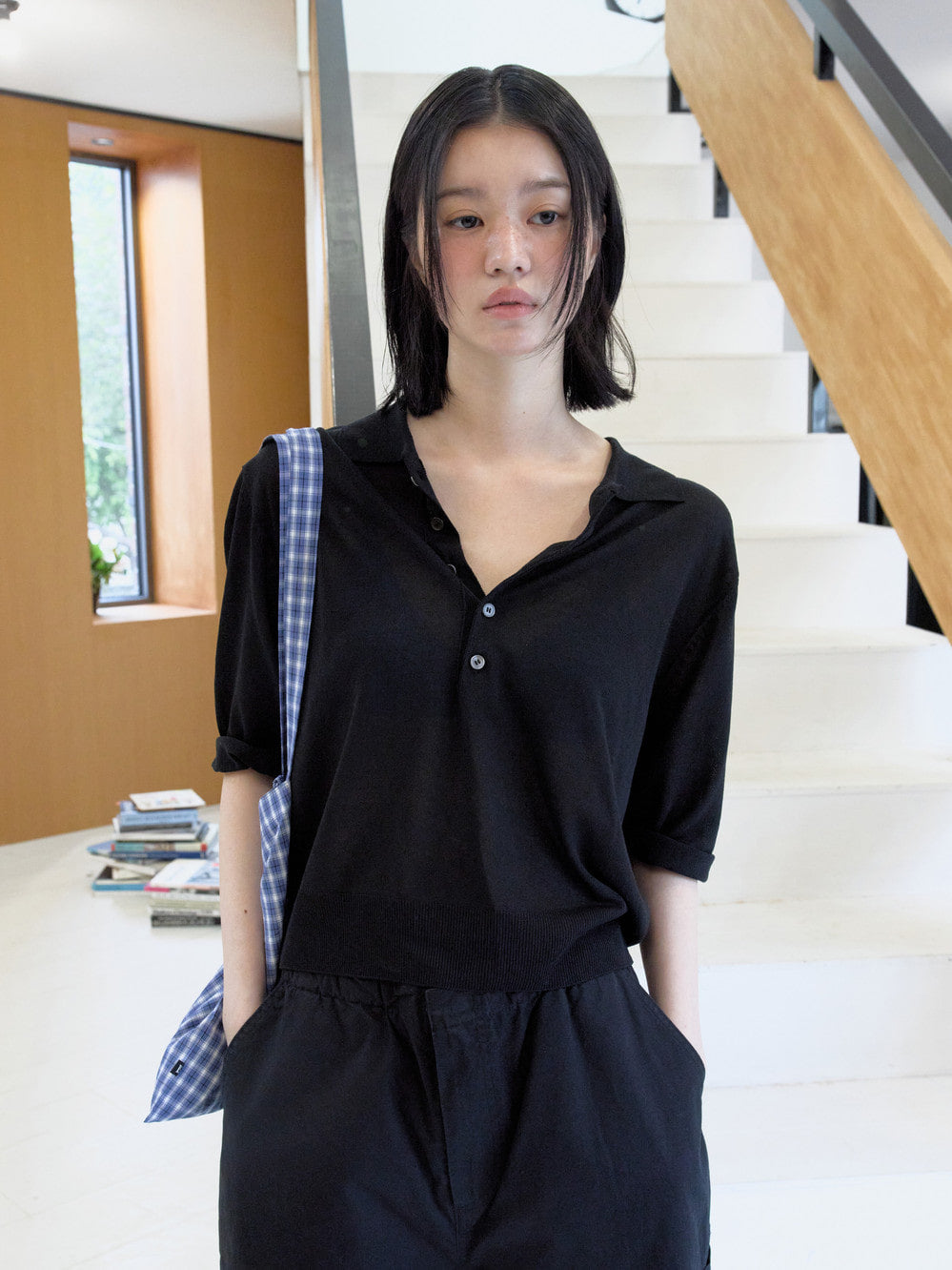 Low Classic Sheer Linen Blended Polo Sweater Black