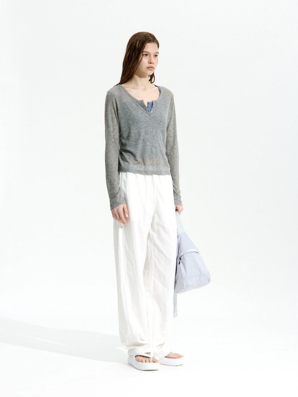 Low Classic See-Through Henry Neck Long Sleeve T-Shirt Melange Grey
