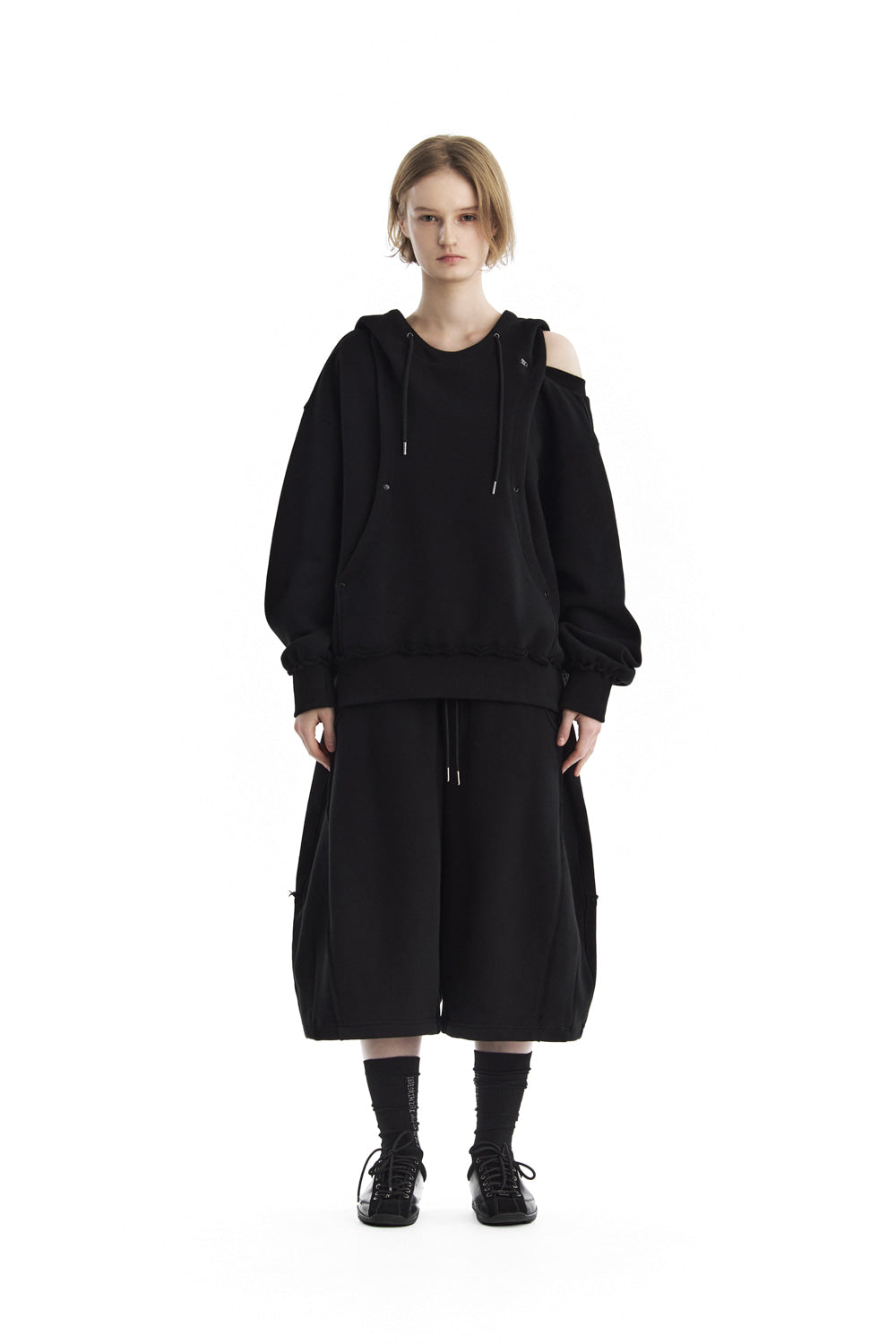 Treemingbird Tmb One-Shoulder Raw Cut Set-Up Hoodie Black