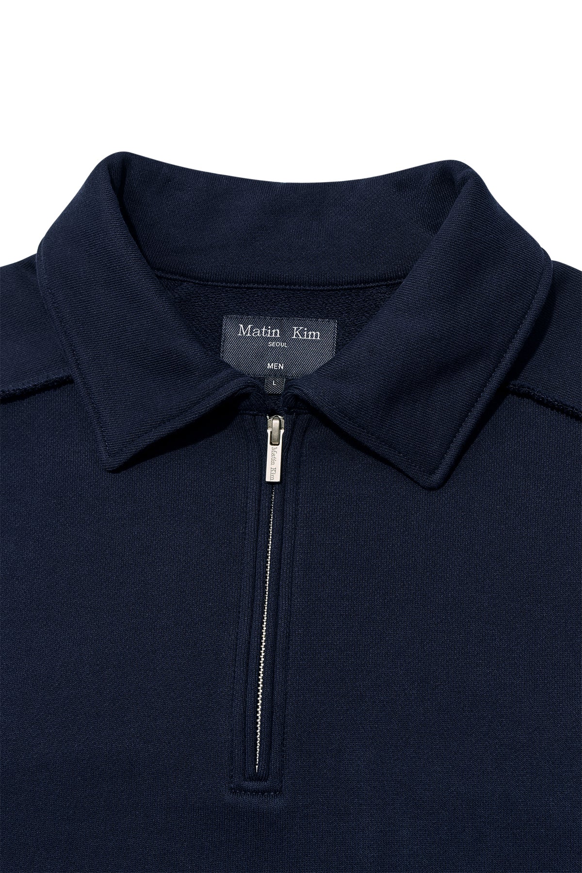 [matinkim] BACK LOGO HALF ZIP SWEATSHIRT FOR MEN IN NAVY