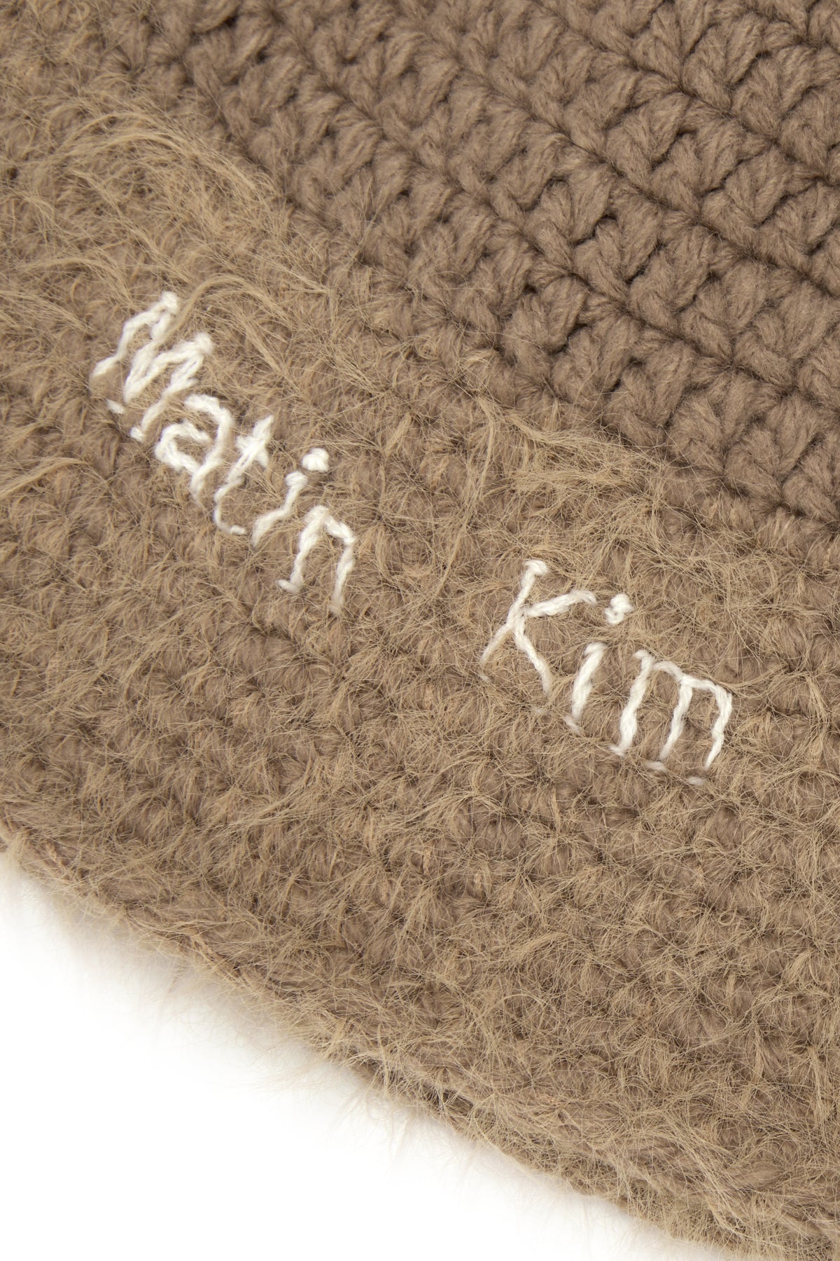 [matinkim] LOGO HAIRY KNIT BUCKET HAT IN BEIGE