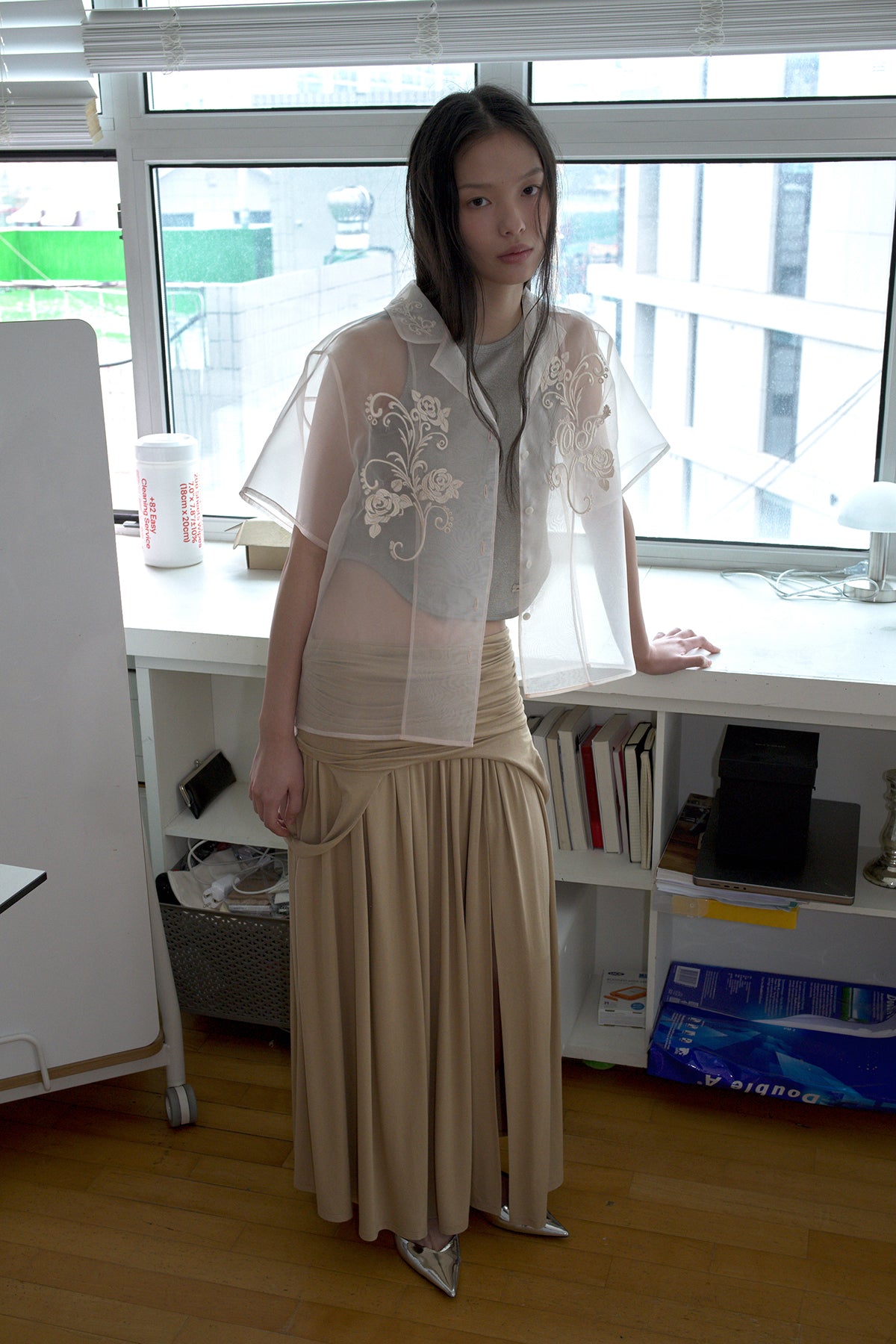 Overdueflair Embroidery Organza Shirt Cream