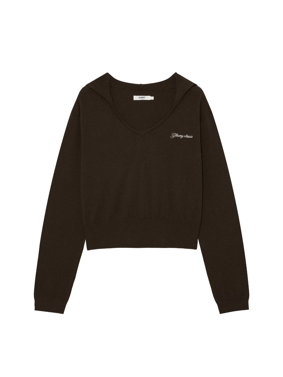 GLOWNY G Hug V-Neck Knit Hoodie (Khaki Brown)