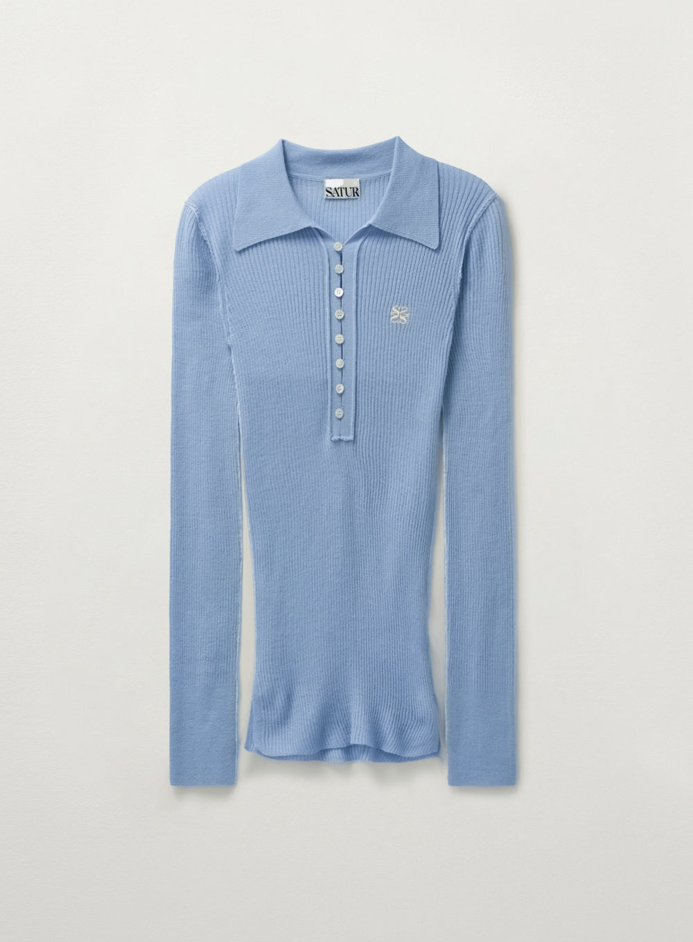 [satur] (W) Collar Button Long Sleeve Knit - Light Blue