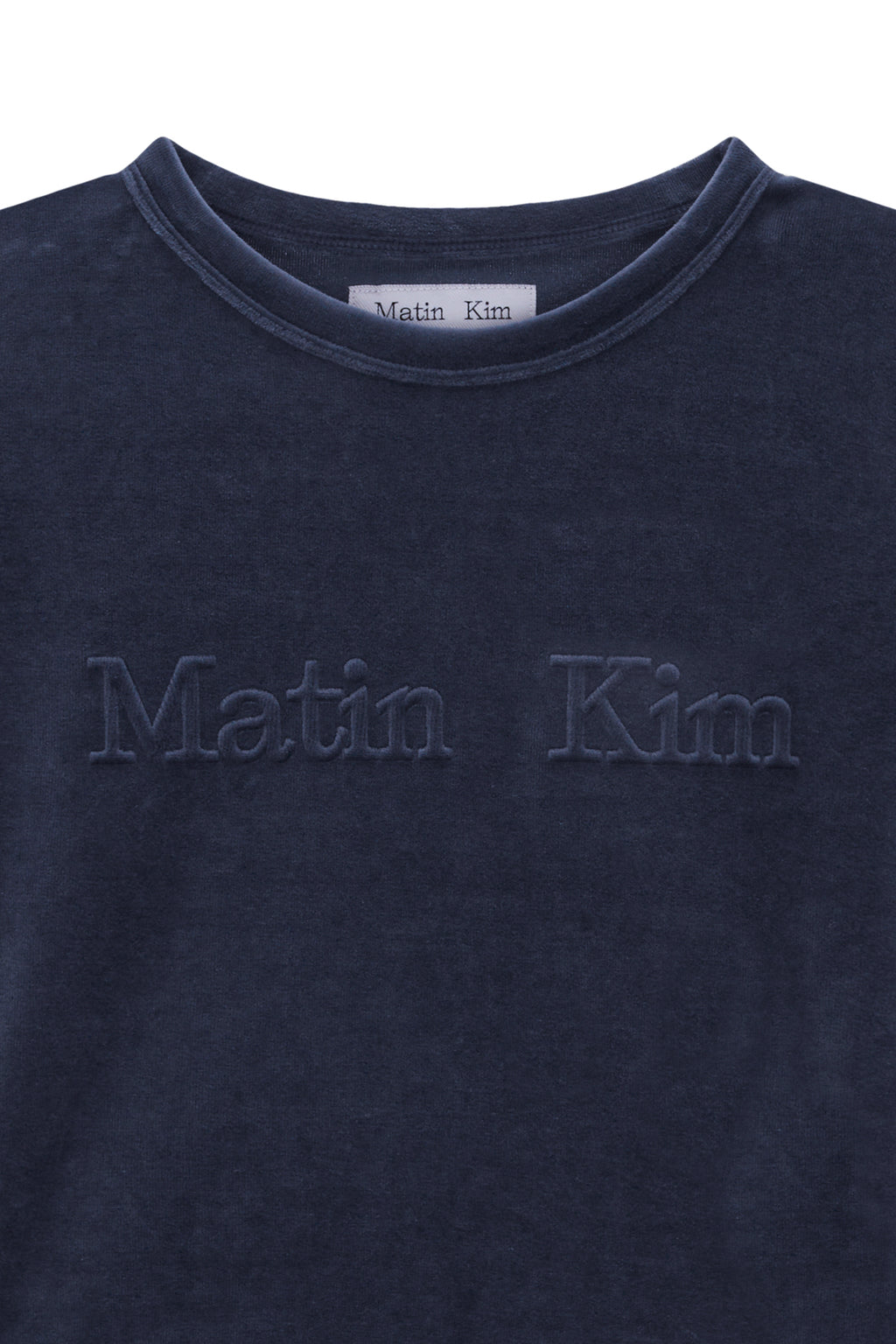 [matinkim] LOGO EMBOSS VELVET CROP TOP IN SMOKE BLUE
