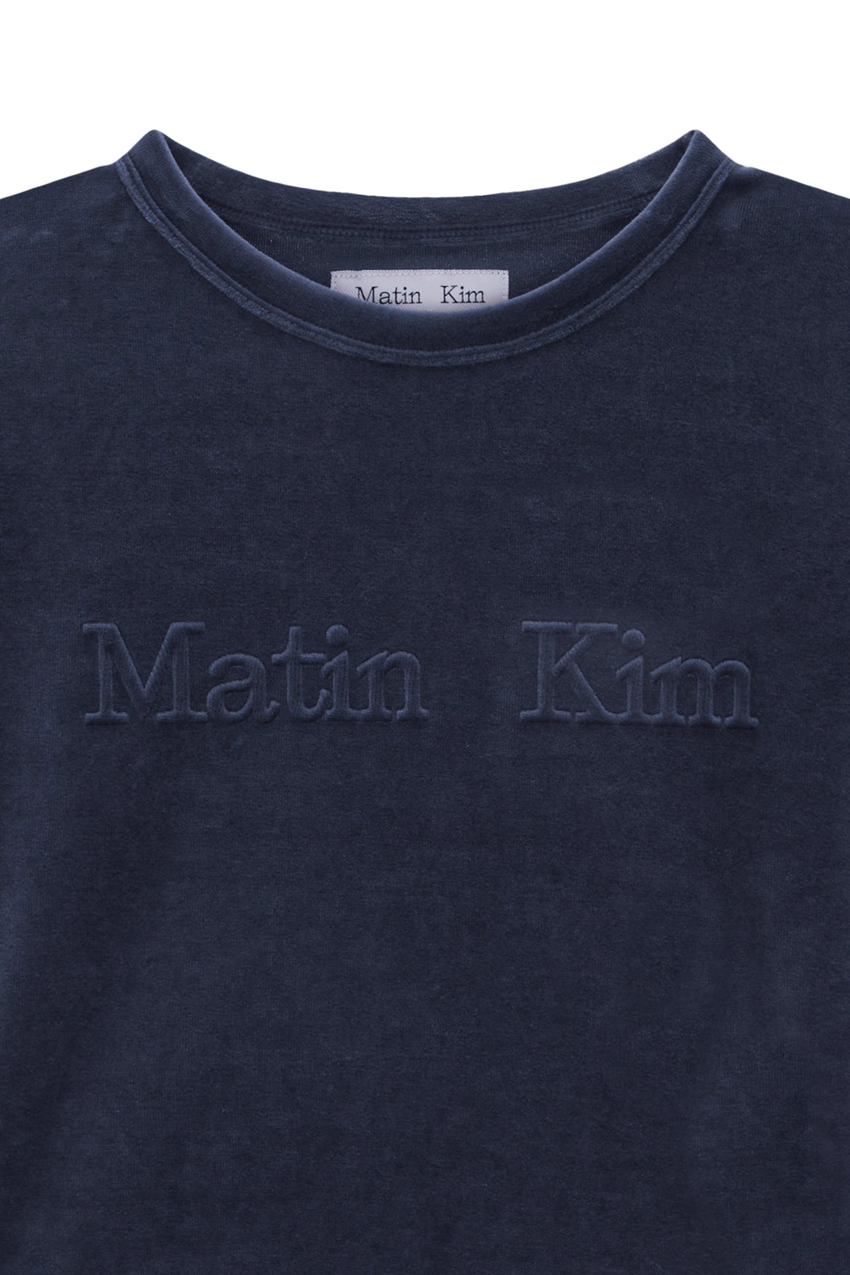 [matinkim] LOGO EMBOSS VELVET CROP TOP IN SMOKE BLUE