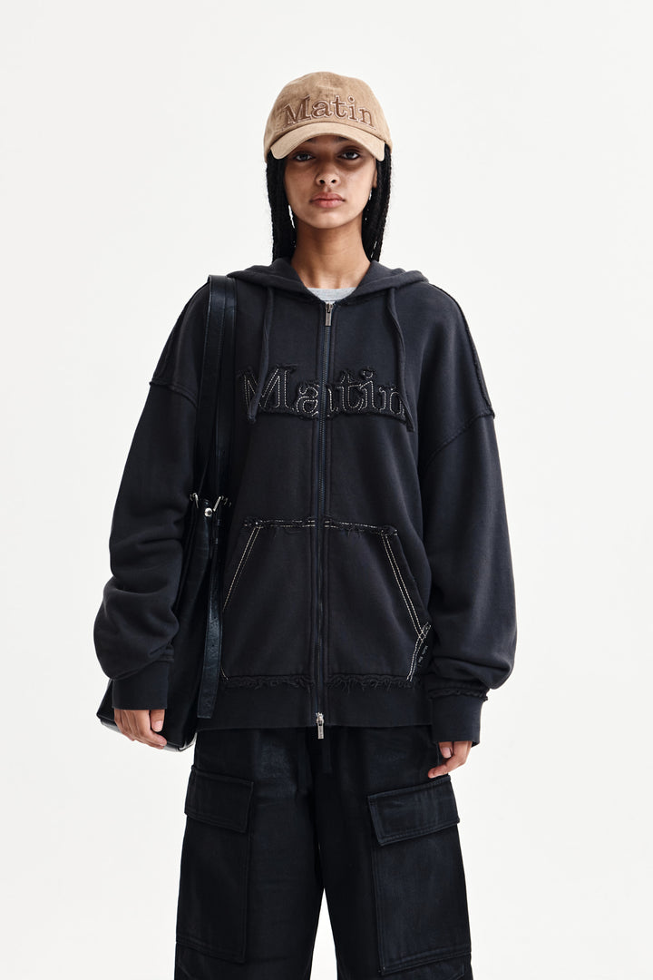 Matinkim Raw Cut Applique Hoody Zip UP IN Charcoal
