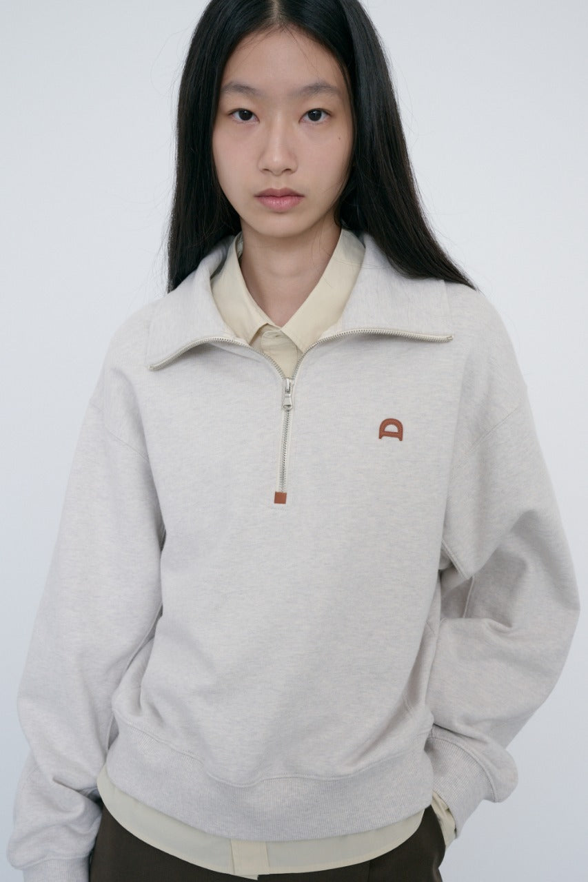 Dunst Unisex Leather Logo Half Zip-Up Sweatshirt Oatmeal Melange